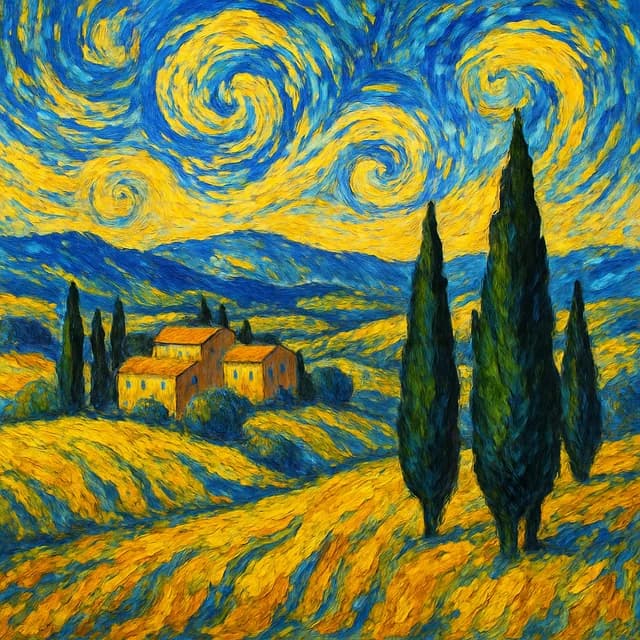 Van Gogh fırça darbeleriyle yeniden boyanmış bir manzara
